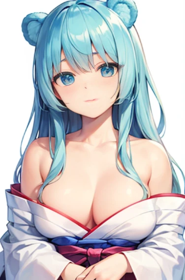 (((highest quality, High resolution, Like a cartoon in Japan))) ,(((bear ears,bear,beastman))),blue eyes, 1 girl, alone, looking at the viewer, blue hair, medium breasts, No bra,closed mouth, clavicle, white kimono, Broken kimono,cleavage,Two-dimensional beautiful girl,Japan anime beautiful girl