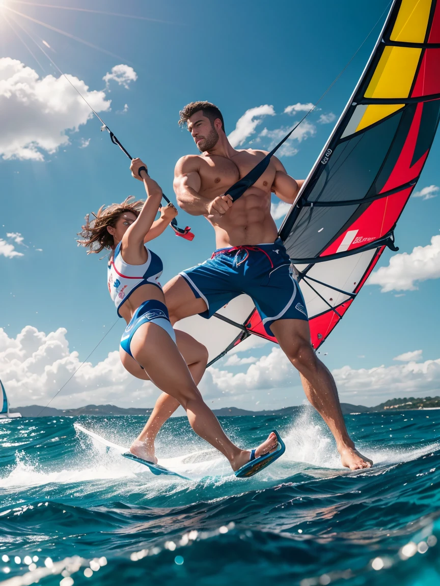 8k,8K resolution,2 Muscular Europeans, handsome man,charming eyes,rough real skin,beautiful, smooth and shiny,Full muscles,Thick body hair, (Wearing fashionable swimming trunks),big bag,emphasize,(Single windsurfing on the sea),The two people stood on their respective sailboards and moved forward quickly while swaying the white sails.,Two people were chasing each other on the sea while swinging their single-person windsurfing boards.,Move forward quickly with both feet on the windsurfing board,Beautiful and professional pose,professional lighting,Professional photography,Realistic photos,realistic model,realistic art