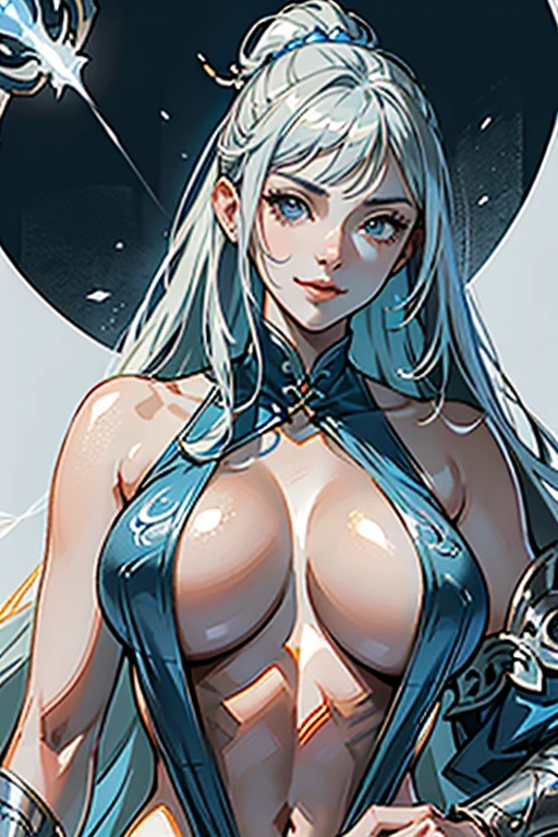 close up shot of a woman in a silver and blue dress, silver armor, large breasts, cleavage, exposed midriff, slender abs, chengwei pan on artstation, by Yang J, detailed fantasy art, stunning character art, smile