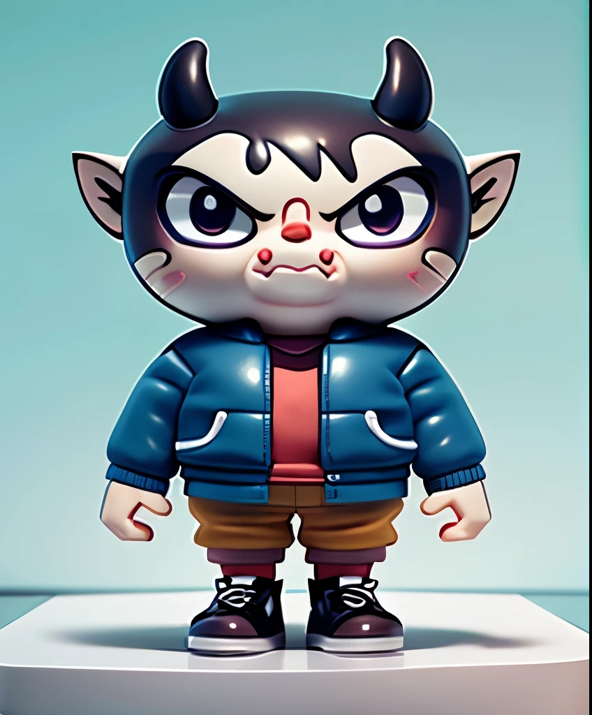 Cartoon boy without mask 3D rendering c4d modeling clay material blind box figure style Morandi color matching soft colors delicate lines cute character with devil horns on his head black short hair boy wearing blue jacket gray pants pink shoes cartoon boy
