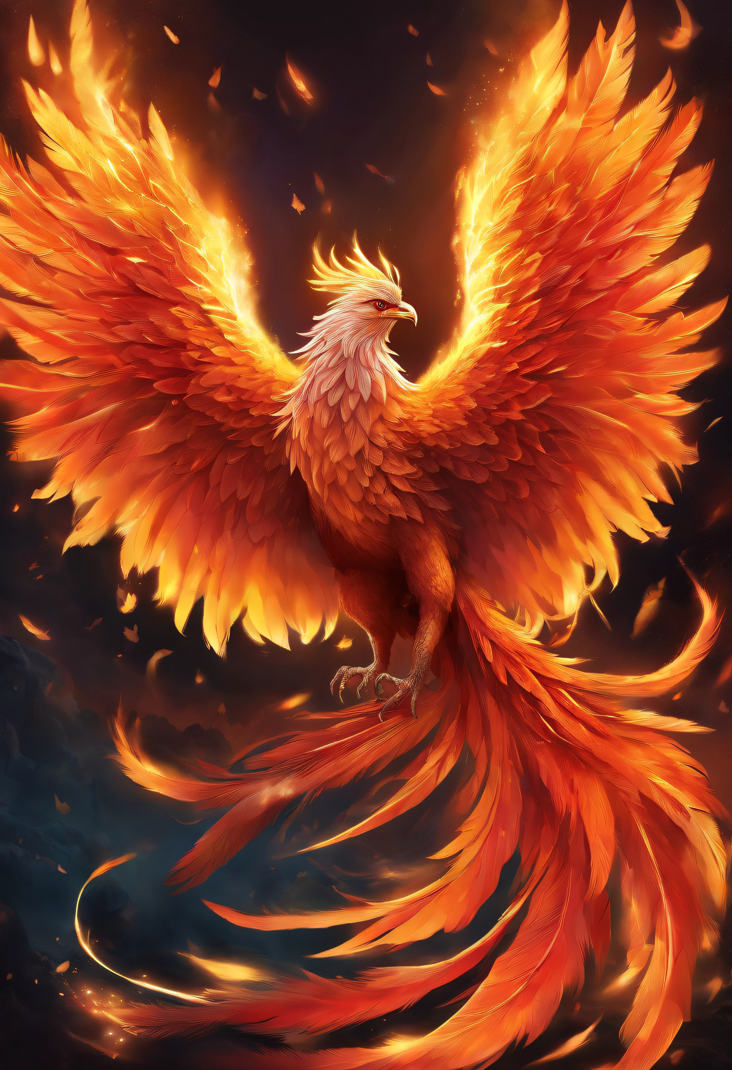(best quality,4k,8k,highres,masterpiece:1.2),ultra-detailed,(realistic,photorealistic,photo-realistic:1.37),bright and vibrant colors,sharp focus,vivid expressions,beautiful feathers,flaming wings,fiery tail,mythical creature,fierce and majestic,Phoenix rising from the ashes,dramatic lighting,ethereal glow,illustration,fantasy,light shining through the clouds,lush green garden,enchanted atmosphere,transformation and rebirth,detailed plumage,feathers in vivid shades of red, orange, and yellow,wisps of smoke and flames swirling around the phoenix,glowing eyes,regal posture,grand and awe-inspiring presence,hope and resilience,ancient legend brought to life,awe-inspiring beauty,mythical guardian of fire and life,amazing attention to detail,radiating warmth and power,emphasizing the texture and intricacy of feathers,exquisite portrayal of strength and grace,legendary creature in flight,breathtaking and magical representation of the phoenix,photo-realistic depiction of a mythical marvel