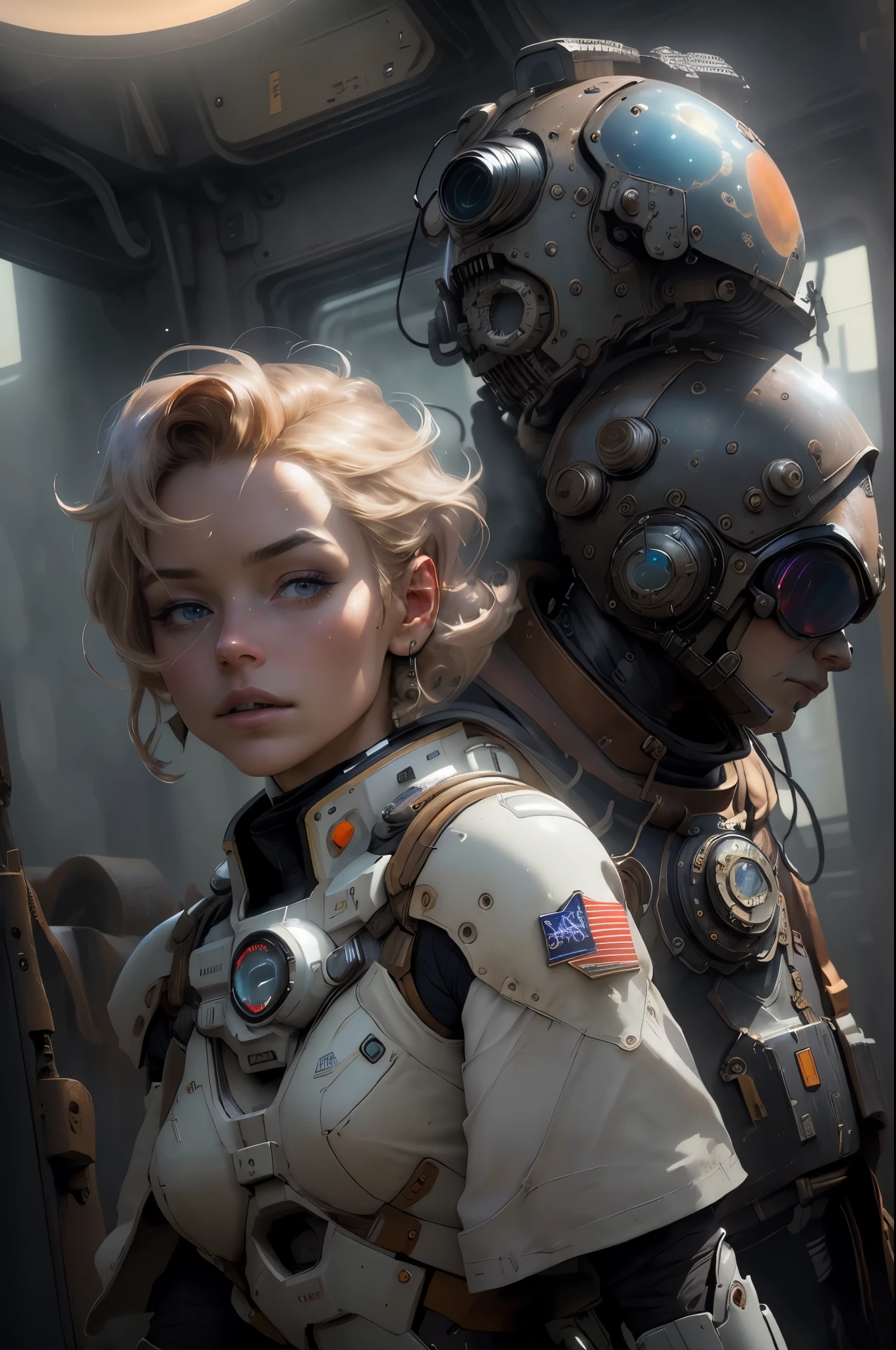 (Best quality,4K,8K,A high resolution,Masterpiece:1.2),(Realistic,Photorealistic,photo-realistic:1.37), Remy LaCroix as a Astronaut, Short blonde hair, Perfect body, Steam punk, film-noir, Otherworldly, Vivid colors, Dreamlike, Sci-fi, subtly lit,Atmospheric,view of the cosmos,Steam-powered machinery,Ethereal,hauntingly beautiful,Moody shadows,Retro-futuristic technology,Starlight fog,exploration,Adventure,Mystery,Galactic environment,exalted,Isolated heroine,Interstellar Travel,dramatic contrast,distant planets,Majestic face,Sci-fi fashion,Smoke and fog effects,contrasting textures,Timeless beauty