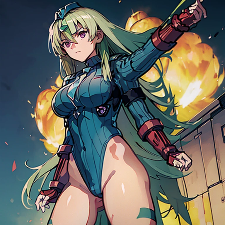 ultra-detailed, Explicit, Beautiful body, Beautiful Nose, Beautiful character design, perfect eyes, perfect face, ultra highres, 4K, beautiful legs, perfect legs, Nice hands, Perfect hand, Masterpiece, Best Quality, Highly detailed, illustration, absurdres, perfect anatomy, street fighter, doll suit, shadaloo doll, dollsuit, girls, multiple girls, expressionless, blank eyes, looking at viewer, red gloves, emotionless, black latex, corrution, mind control, female combatant, full body, hypnotized, unhappy trance, full body suit, ribbed bodysuit, both arms at side, obey, perfect female body, extremely glossy latex, hypnosis, hypnoLora, empty eyes, Mind control device, poses, submissive_pose, Slave, hat, necktie, stand up straight, standing, standing at attention, hat, necktie, belt, latex, ribbed bodysuit, thighhighs, garter belt, Fighting Stance, extending the right arm from the shoulder into the air with a straightened hand, military, thigh boots, 1girl, Solo, Isuzu Oshima, green hair, purple eyes, long hair, hair ornaments