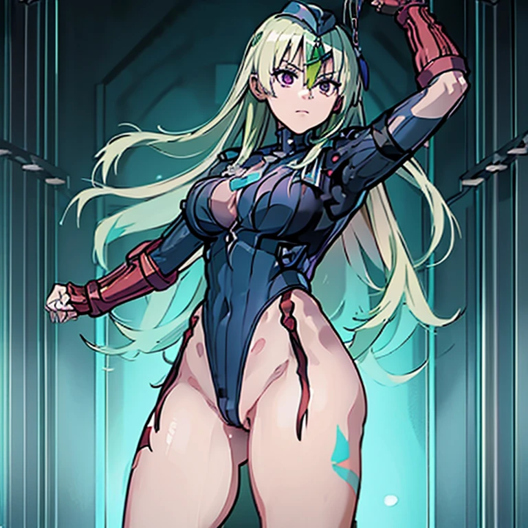 ultra-detailed, Explicit, Beautiful body, Beautiful Nose, Beautiful character design, perfect eyes, perfect face, ultra highres, 4K, beautiful legs, perfect legs, Nice hands, Perfect hand, Masterpiece, Best Quality, Highly detailed, illustration, absurdres, perfect anatomy, street fighter, doll suit, shadaloo doll, dollsuit, girls, multiple girls, expressionless, blank eyes, looking at viewer, red gloves, emotionless, black latex, corrution, mind control, female combatant, full body, hypnotized, unhappy trance, full body suit, ribbed bodysuit, both arms at side, obey, perfect female body, extremely glossy latex, hypnosis, hypnoLora, empty eyes, Mind control device, poses, submissive_pose, Slave, hat, necktie, stand up straight, standing, standing at attention, hat, necktie, belt, latex, ribbed bodysuit, thighhighs, garter belt, Fighting Stance, extending the right arm from the shoulder into the air with a straightened hand, military, thigh boots, 1girl, Solo, Isuzu Oshima, green hair, purple eyes, long hair, hair ornaments