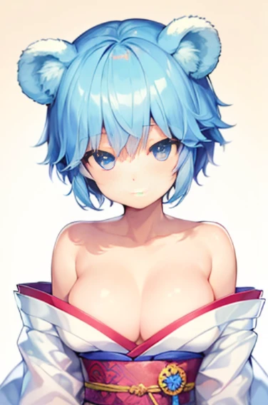 (((highest quality, High resolution, Like a cartoon in Japan))) ,(((bear ears,bear,beastman))),blue eyes, 1 girl, alone, looking at the viewer, blue hair, medium breasts, No bra,closed mouth, clavicle, white kimono, Broken kimono,cleavage,Two-dimensional beautiful girl,Japan anime beautiful girl