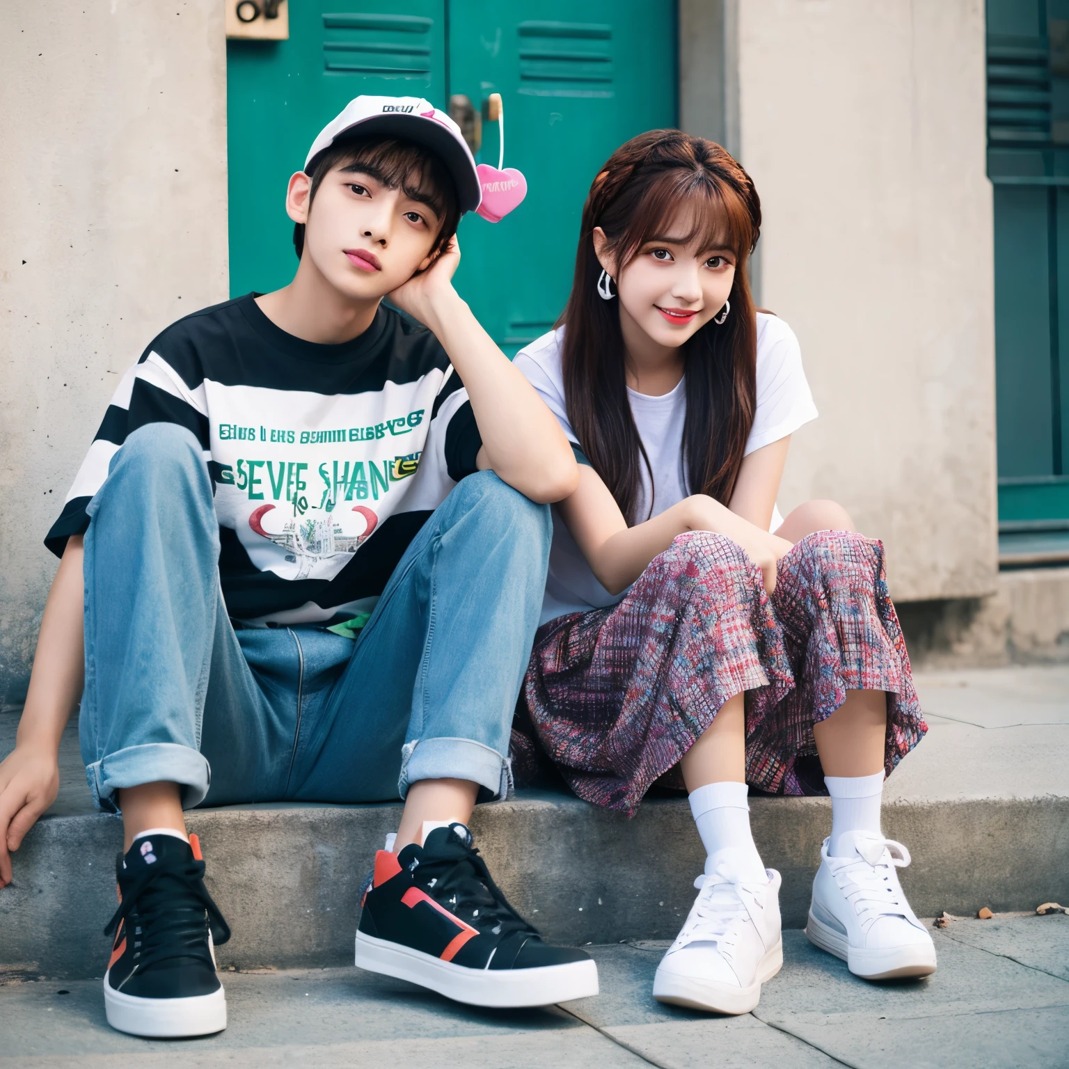 two lovers sitting a sight and boy clothes name printed "DESHU" and girls name printed "MOTU" alsoadd mini heart