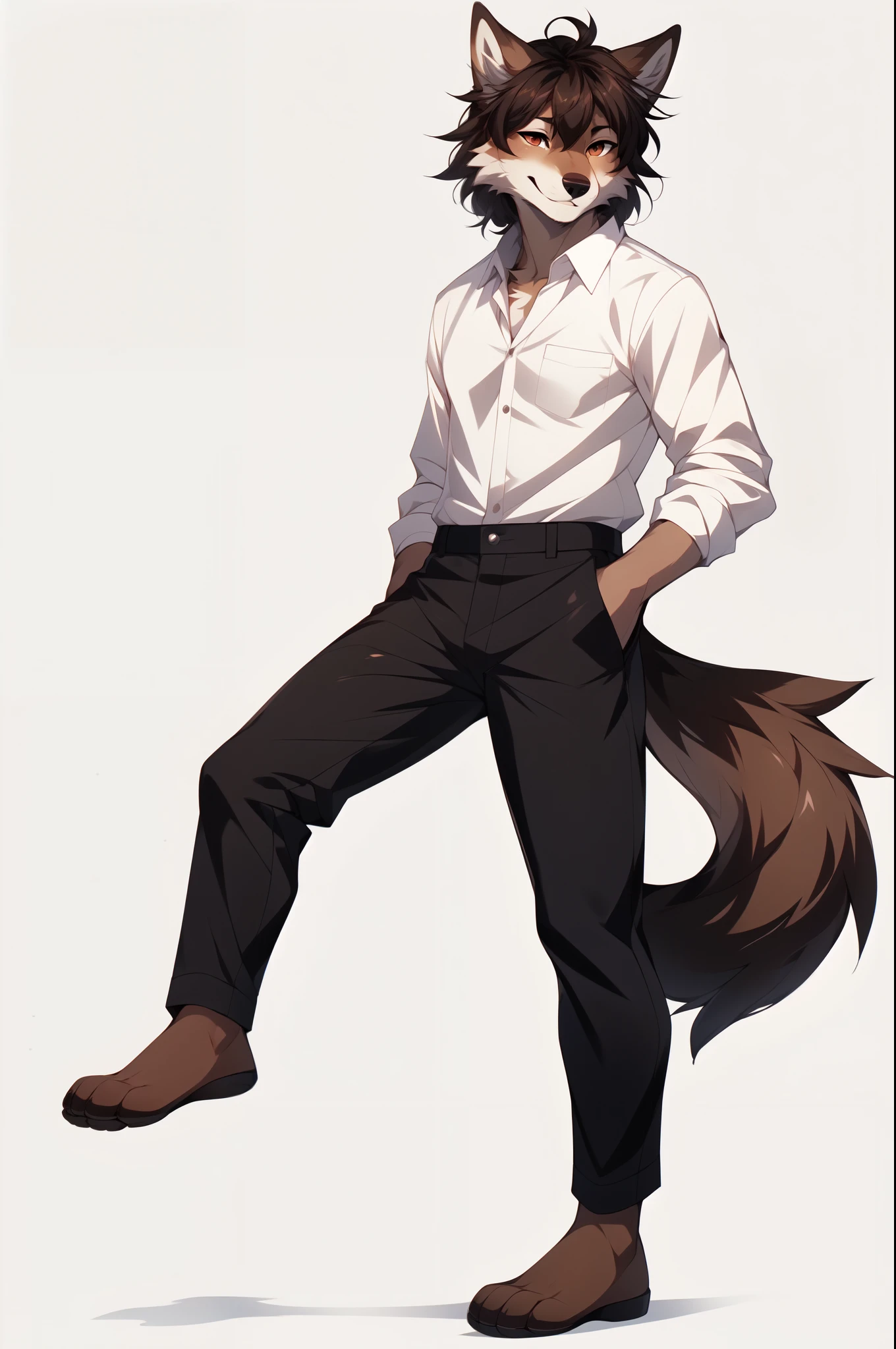 Solo, By fumiko, by hyattlen, by hioshiru, Jaiden, brown male wolf, brown wolf ears, brown wolf tail, wearing white button up shirt, full body shot, black pants, barefoot, feet paws, 4 toes, smiling, white background, no background standing, neutral position, arms to his side
