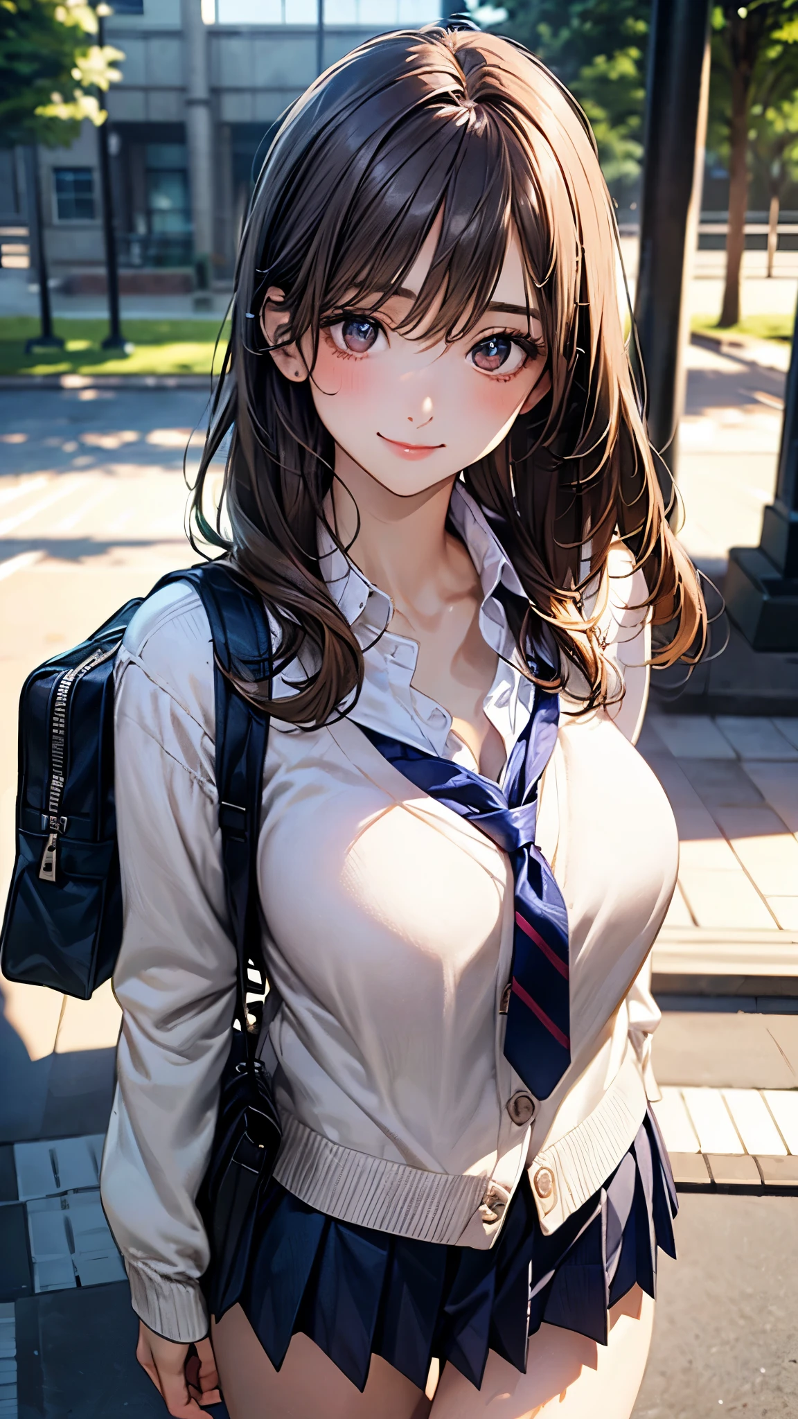 (masterpiece:1.2, top-quality), (realistic, photorealistic:1.4), beautiful illustration, (natural side lighting, movie lighting), 
looking at viewer, cowboy shot, front view:0.6, 1 girl, japanese, high school girl, perfect face, cute and symmetrical face, shiny skin, 
(long hair:1.4, half updo:1.5, light brown hair), hair between eye, dark brown eyes, long eye lasher, (large breasts:0.6, seductive thighs), 
beautiful hair, beautiful face, beautiful detailed eyes, beautiful clavicle, beautiful body, beautiful chest, beautiful thigh, beautiful legs, beautiful fingers, 
((long sleeve white collared shirts, navy pleated miniskirt, navy tie, white cardigan)), pink panties, school bag, 
(beautiful scenery), evening, riverside, walking, (lovely smile, upper eyes), 