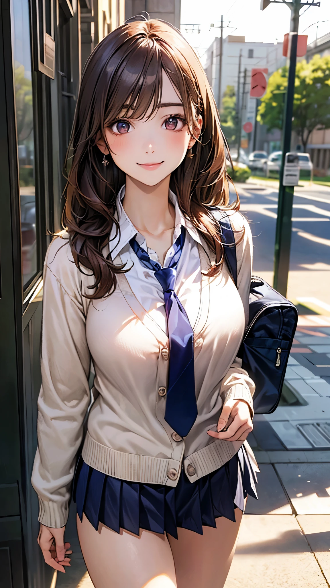 (masterpiece:1.2, top-quality), (realistic, photorealistic:1.4), beautiful illustration, (natural side lighting, movie lighting),
looking at viewer, cowboy shot, front view:0.6, 1 girl, japanese, high school girl, perfect face, cute and symmetrical face, shiny skin,
(long hair:1.4, half updo:1.5, light brown hair), hair between eye, dark brown eyes, long eye lasher, (large breasts:0.6, seductive thighs),
beautiful hair, beautiful face, beautiful detailed eyes, beautiful clavicle, beautiful body, beautiful chest, beautiful thigh, beautiful legs, beautiful fingers,
((long sleeve white collared shirts, navy pleated miniskirt, navy tie, white cardigan)), pink panties, school bag,
(beautiful scenery), evening, riverside, walking, (lovely smile, upper eyes),