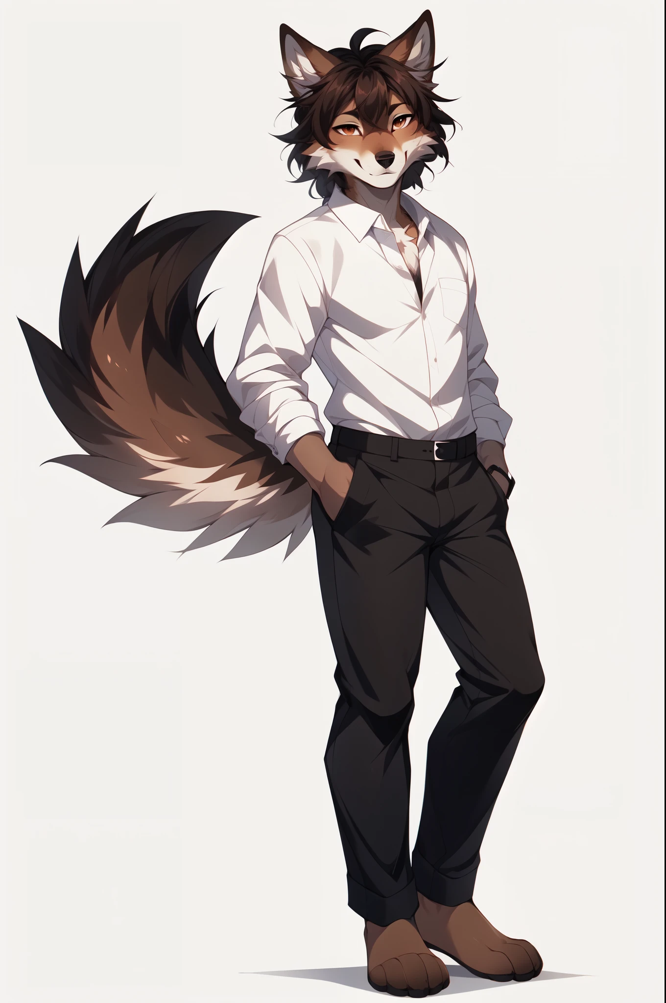 Solo, By fumiko, by hyattlen, by hioshiru, Jaiden, brown male wolf, brown wolf ears, brown wolf tail, wearing white button up shirt, full body shot, black pants, barefoot, feet paws, 4 toes, smiling, white background, no background standing, neutral position, arms to his side