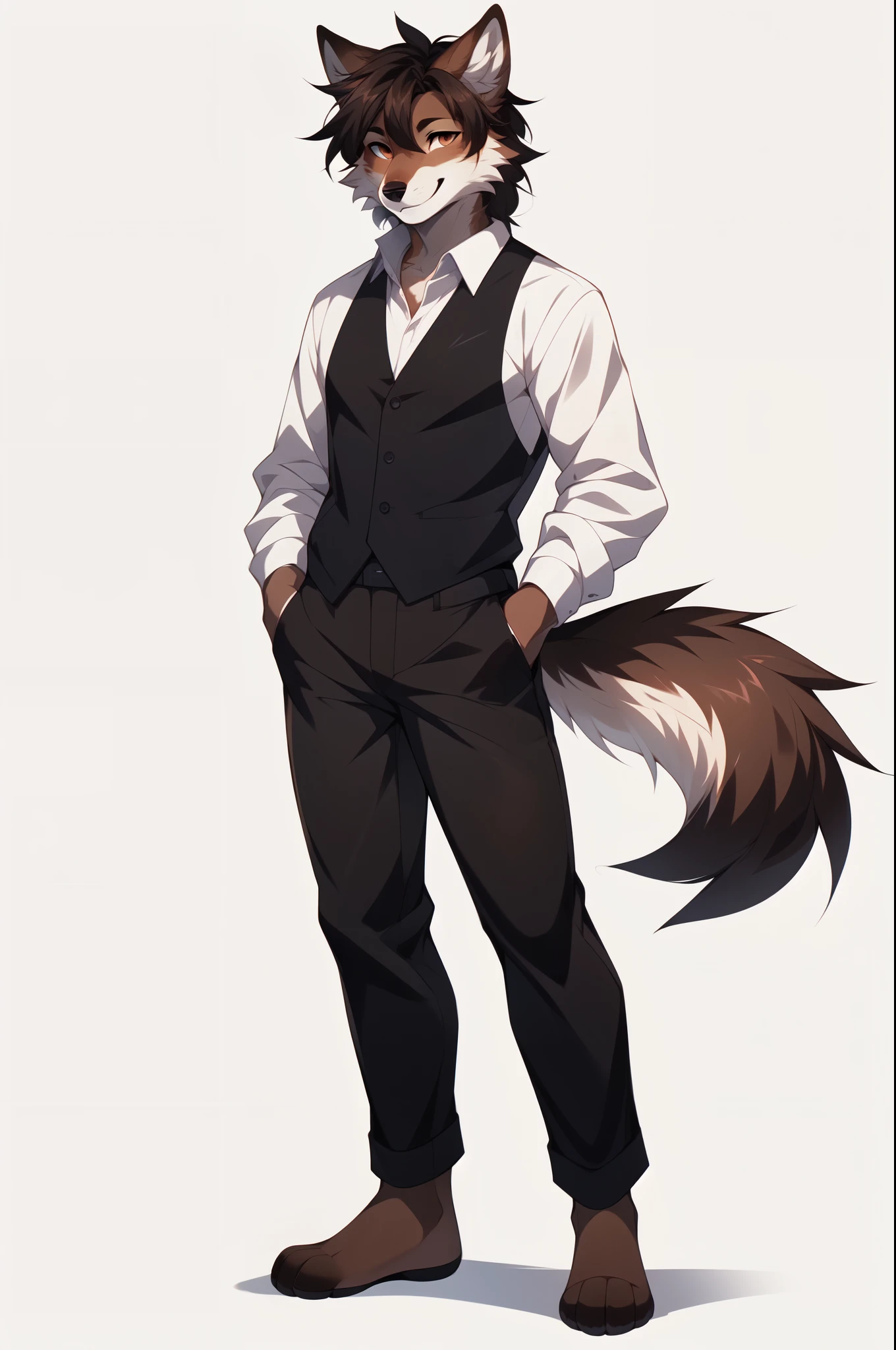 Solo, By fumiko, by hyattlen, by hioshiru, Jaiden, brown male wolf, brown wolf ears, brown wolf tail, wearing white button up shirt, full body shot, black pants, barefoot, feet paws, 4 toes, smiling, white background, no background standing, neutral position, arms to his side