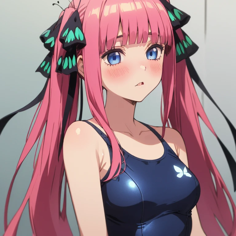 best quality, very aesthetic, Super detailed, best illustration, 1girl, one-piece swimsuit, bangs, pink_hair, blunt_bangs, hair_ornament, butterfly_hair_ornament, ribbon, black_ribbon, blue_eyes, blush, hair_ribbon, twintails, long_hair, nino