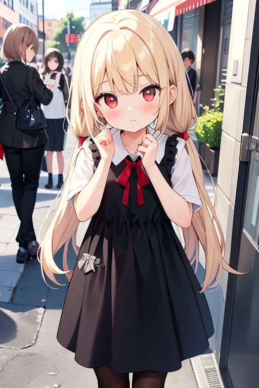 {{{masterpiece}}}, {{{best quality}}}, {{ultra-detailed}}, {nsfw}, {{an extremely delicate and beautiful、 beautiful detailed eyes}},Pee、blonde、red eyes、small curve 1.2、cute 、Girl in a black dress、Girl goes to the bathroom、avert your eyes、I'm standing、embarrassing、blush、赤い髪とred eyes、please keep your mouth shut、street(はPeeをしています):0.4)、Crotch fluid