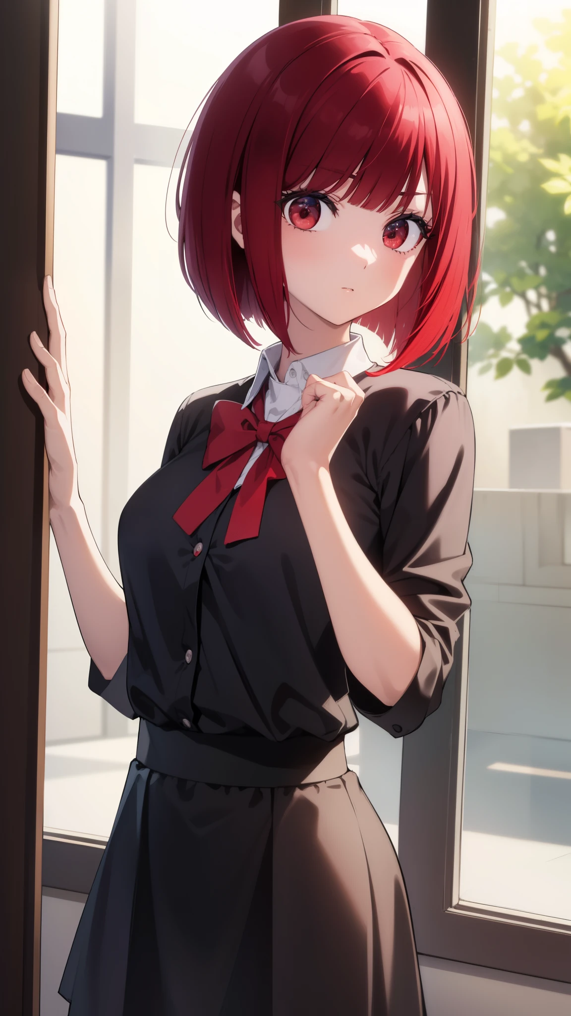 Arima maybe, Arima maybe, bob cut, (red eyes:1.5), redhead, short hair, have, black ,skirt,長袖
break looking at viewer,
break indoors, classroom,
break (masterpiece:1.2), highest quality, High resolution, unity 8k wallpaper, (shape:0.8), (beautiful and detailed eyes:1.6), highly detailed face, perfect lighting, Very detailed CG, (perfect hands, perfect anatomy),