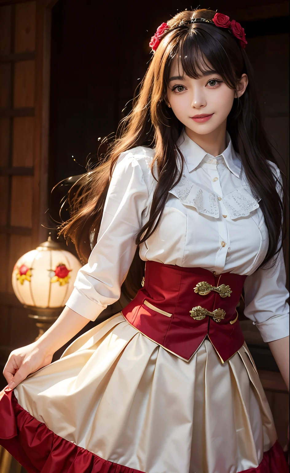 1girl, cute, smiling, sun skirt, lights, upper body,close-up, 8k, RAW photo, best quality, masterpiece,realistic, photo-realistic,headgear of red rose, parted bangs, long hair,