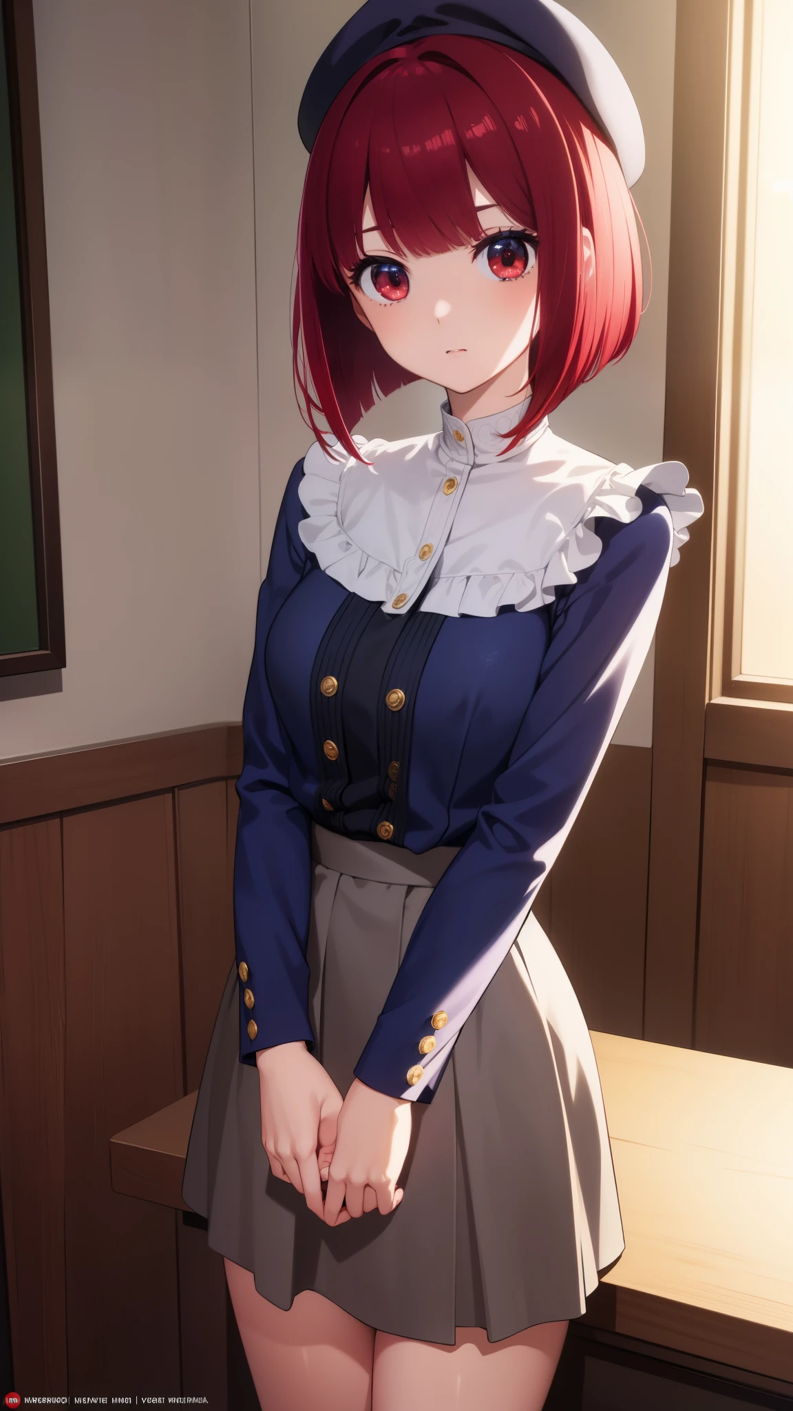 Arima maybe, Arima maybe, bob cut, (red eyes:1.5), redhead, short hair, have, White and blue sailor suit,skirt，long sleeve，beret，太もも
break looking at viewer,
break indoors, classroom,
break (masterpiece:1.2), highest quality, High resolution, unity 8k wallpaper, (shape:0.8), (beautiful and detailed eyes:1.6), highly detailed face, perfect lighting, Very detailed CG, (perfect hands, perfect anatomy),