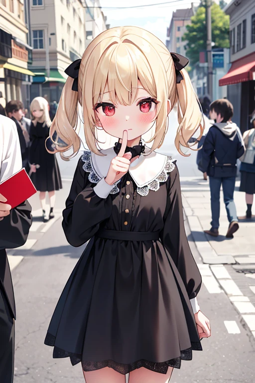 {{{masterpiece}}}, {{{best quality}}}, {{ultra-detailed}}, {nsfw}, {{an extremely delicate and beautiful、 beautiful detailed eyes}},Pee、blonde、half up、red eyes、small curve 1.2、cute 、Girl in a black dress、finger to mouth:1.5、avert your eyes、I'm standing、embarrassing、blush、please keep your mouth shut、street(はPeeを我慢しています):0.4)、Crotch fluid