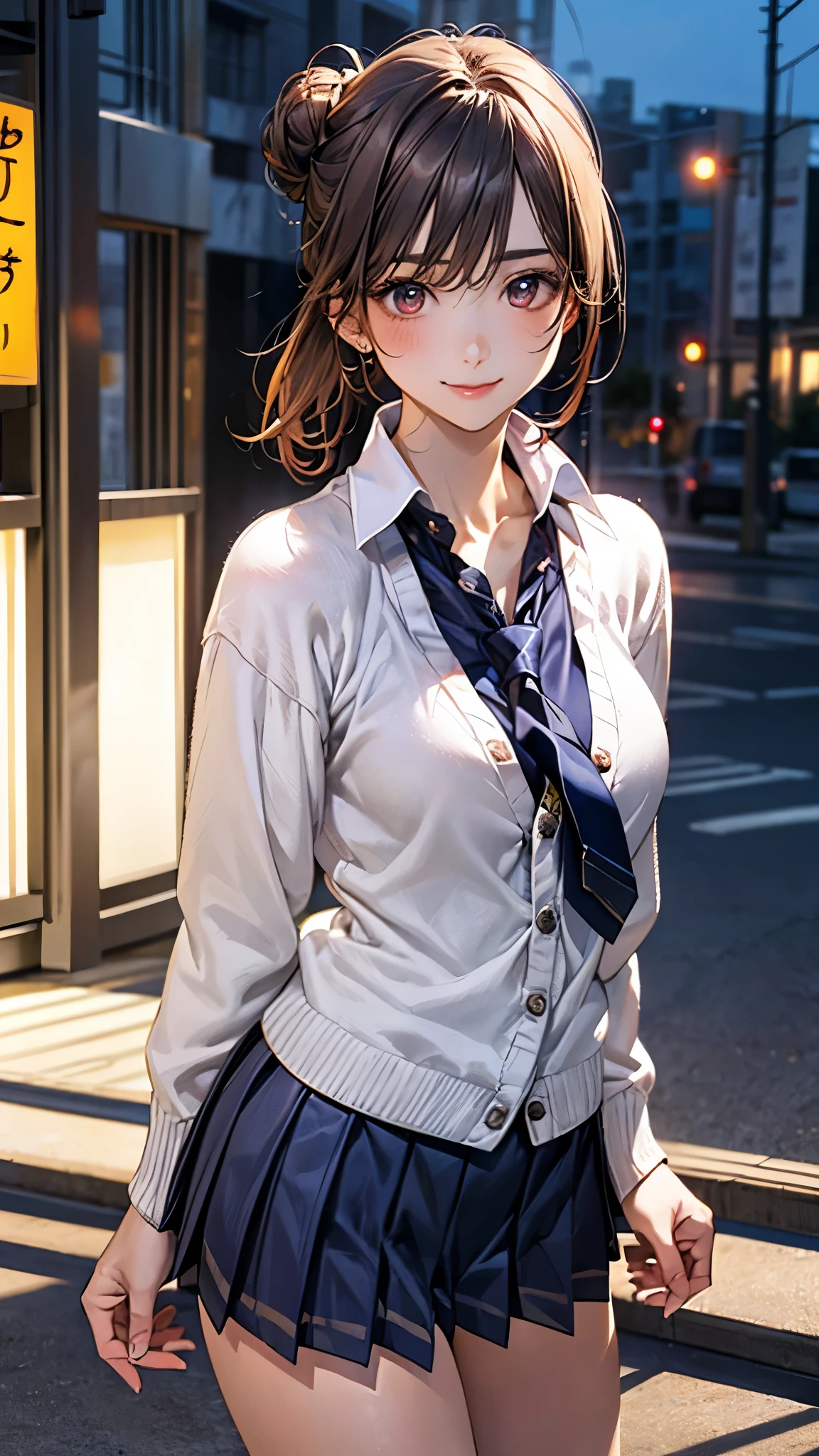 (masterpiece:1.2, top-quality), (realistic, photorealistic:1.4), beautiful illustration, (natural side lighting, movie lighting), 
looking at viewer, cowboy shot, front view:0.6, 1 girl, japanese, high school girl, perfect face, cute and symmetrical face, shiny skin, 
(long hair:1.4, half updo:1.5, sidelocks, single hair bun, dark brown hair), hair between eye, dark brown eyes, long eye lasher, (large breasts:0.6, seductive thighs), 
beautiful hair, beautiful face, beautiful detailed eyes, beautiful clavicle, beautiful body, beautiful chest, beautiful thigh, beautiful legs, beautiful fingers, 
((long sleeve white collared shirts, navy pleated miniskirt, navy tie, white cardigan)), pink panties, 
(beautiful scenery), evening, riverside, walking, (lovely smile, upper eyes), 