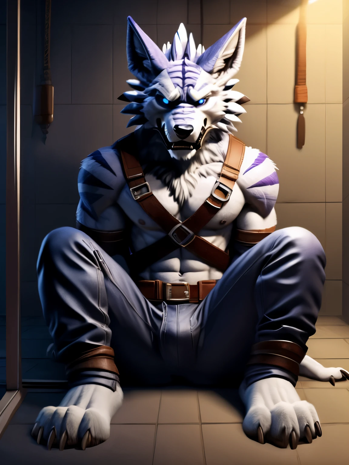 A WereGarurumon, hypnotized and barefoot, struggles against the restraints of a black straitjacket, a gag silencing his cries for help. His eyes plead for release as he looks up, sitting trapped in a padded asylum cell. His long hospital pants offer no comfort as his legs are stretched out in front of him, his detailed paws with claws and pawpads visible and desperate for freedom.