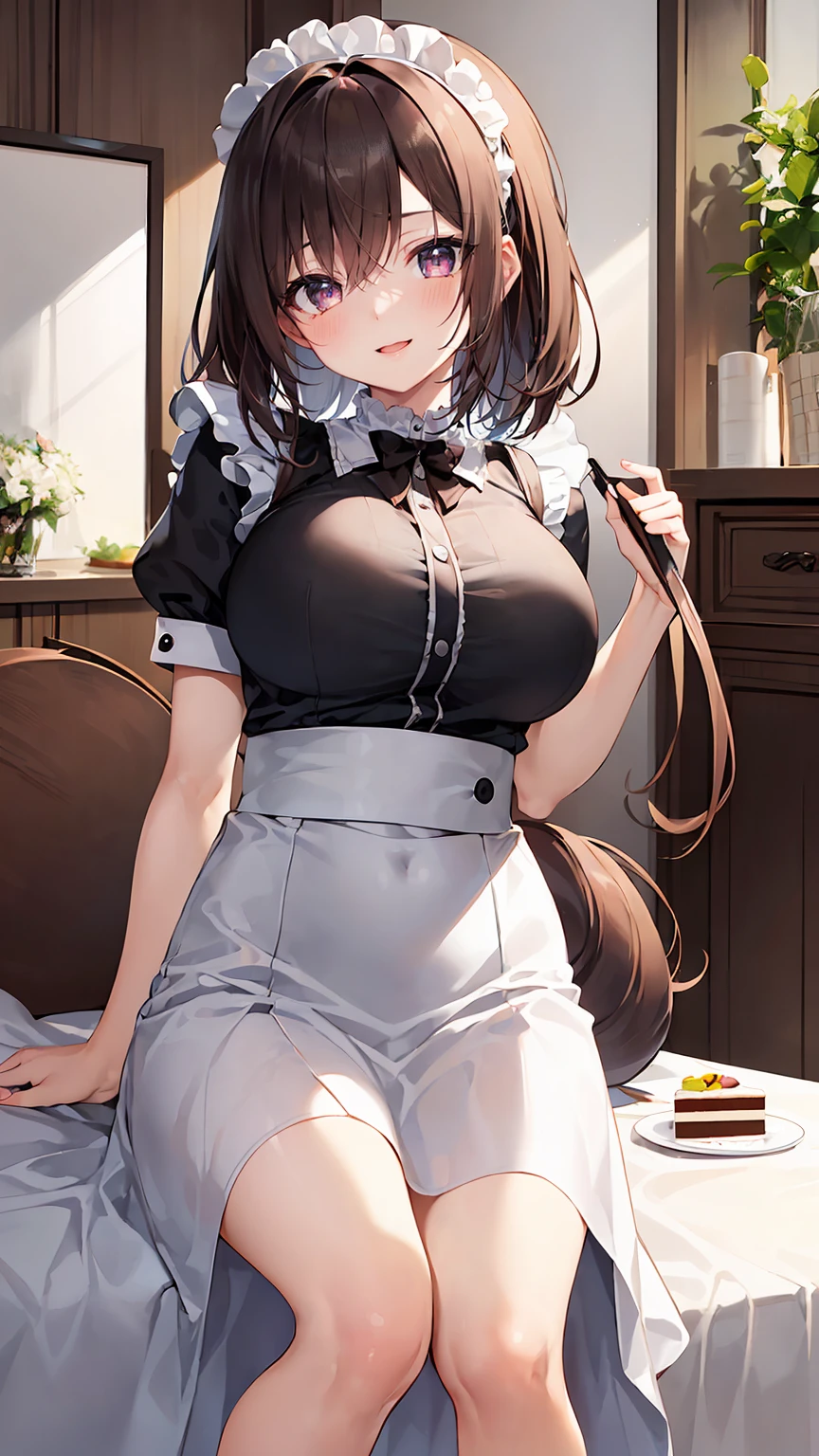 ((8Kmasterpiece,highest quality)), ultra high resolution, (masterpiece: 1.4), hyper detail, (((1 girl))),cute,perfect anatomy,(young face),beautiful and delicate eyes,purple eyes,Big eyes,shining eyes of light,Fine and long lashes,(very white skin),(Glossy skin),detailed light,beautiful face,((brown hair)),((Side tail)),blush,shy smile,(open your mouth),big breasts, slender body,Maid Cafe Clerks,Indoors with a pink atmosphere,cake, looking at the viewer
