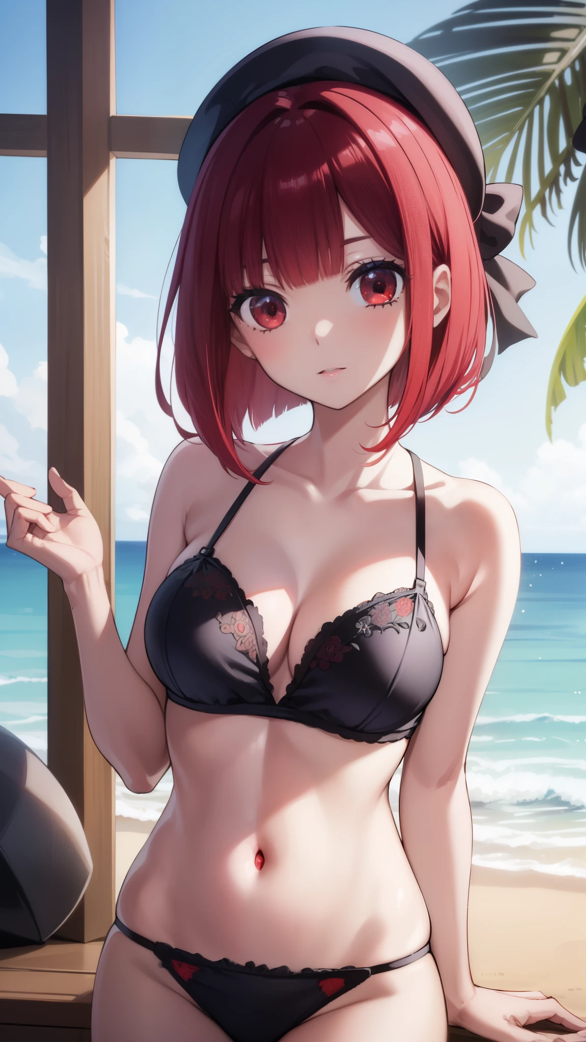 Arima maybe, Arima maybe, bob cut, (red eyes:1.5), redhead, short hair, have, cute swimwear,The navel is visible，I can see your stomach，beret，太もも
break looking at viewer,
break indoors, Ocean,
break (masterpiece:1.2), highest quality, High resolution, unity 8k wallpaper, (shape:0.8), (beautiful and detailed eyes:1.6), highly detailed face, perfect lighting, Very detailed CG, (perfect hands, perfect anatomy),