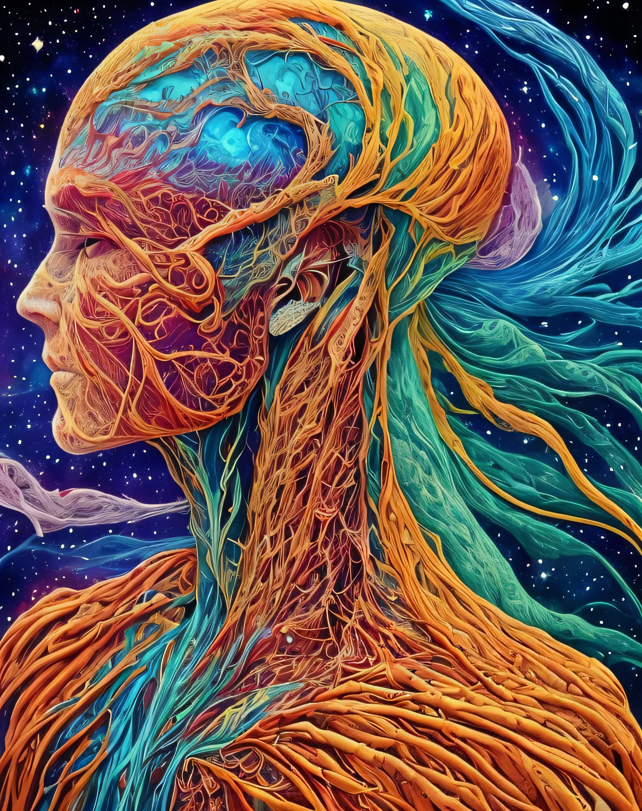 psychedelic, intricate, hyper detailed, artistic, human figure, portrait, veins and arteries, creepy, turning into cosmic ashes