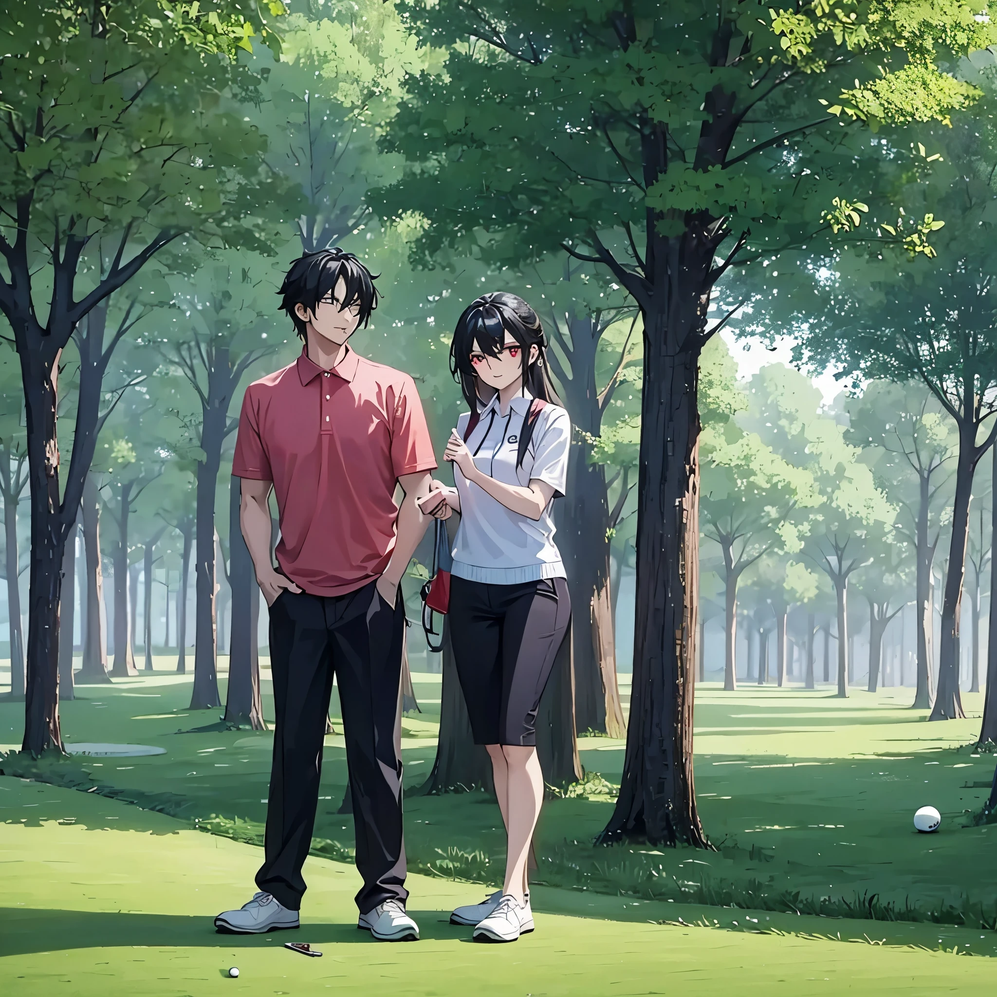 a man together with a woman (eye red) in casual clothes playing golf on a golf course