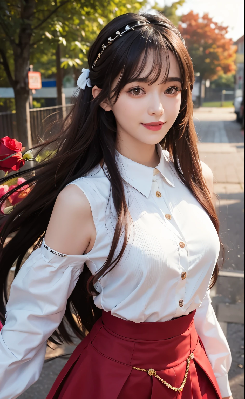 1girl, cute, smiling, sun skirt, lights, upper body,close-up, 8k, RAW photo, best quality, masterpiece,realistic, photo-realistic,headgear of red rose, parted bangs, long hair,