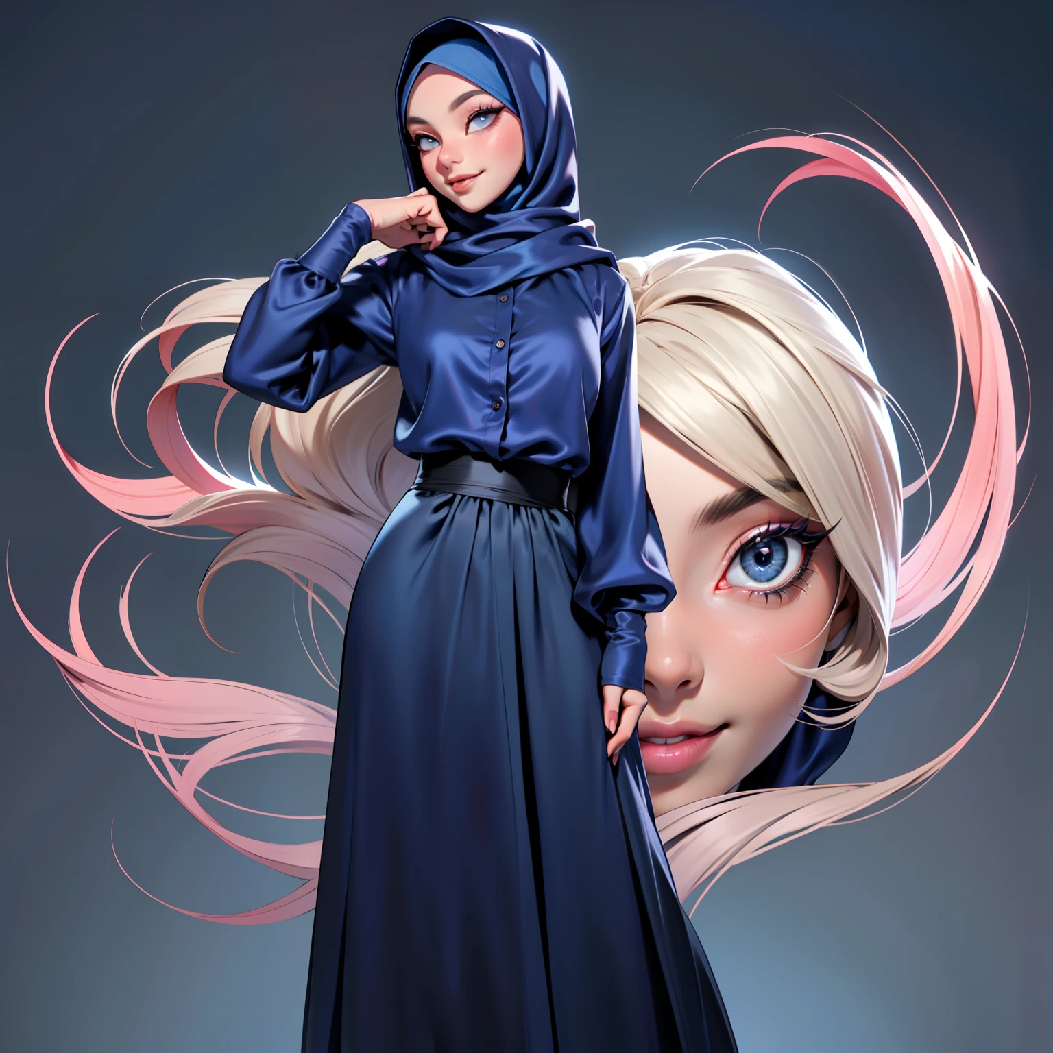 3dmm style, Masterpiece, realistic, best quality, best lighting, beautiful mature Czech woman, 1 girl photo solo, beautifully makeup, eyeshadow, Parted Lips, Detailed Eyes, beautiful big eyes, long eye lashes, dimples on the cheeks, smile, wearing ((Dark blue satin hijab)), loosely tide hijab style, ((gray satin shirt and satin long skirt)), ((front view)), (half-body portrait), front view, standing straight, symmetric Centered facing the viewer.