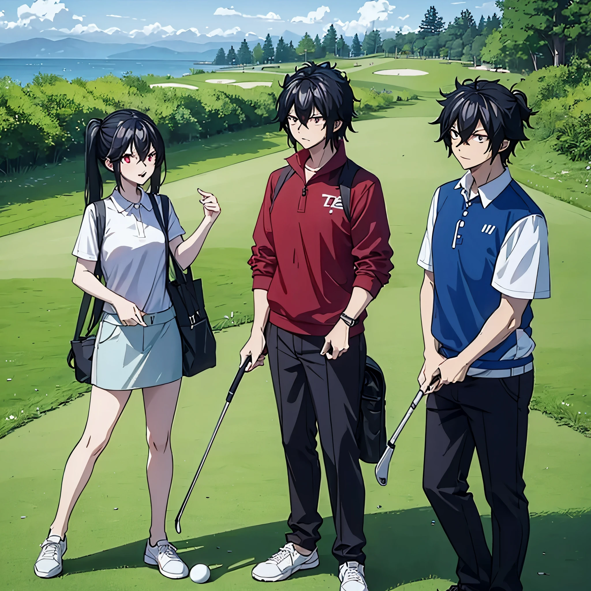 a man together with a woman (eye red) in casual clothes playing golf on a golf course