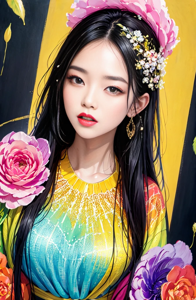 A PAINTING OF A CLOSE UP OF BEAUTIFUL LAUGHING FACE OF KOREAN AGE GIRL WEARING LUXURY PASTEL ORANGE DRESS WITH PASTE ORANGE GYPSOPHILA CROWN FLOWERS ON HER HEAD, SWIRLING PATTERN, HOLDING PASTEL ORANGE FLOWERS BOUQUET IN HER HAND, MASTERPIECE, ALCOHOL INK PAINTING, THICK GOLD BOUNDARIES AROUND THE INK, CREATE CONTRAST BETWEEN COLORS, ART STATION, VERY BEAUTIFUL, PASTEL ORANGE, HARD, GOLD, AND VIBRANT AND FULL COLOURED