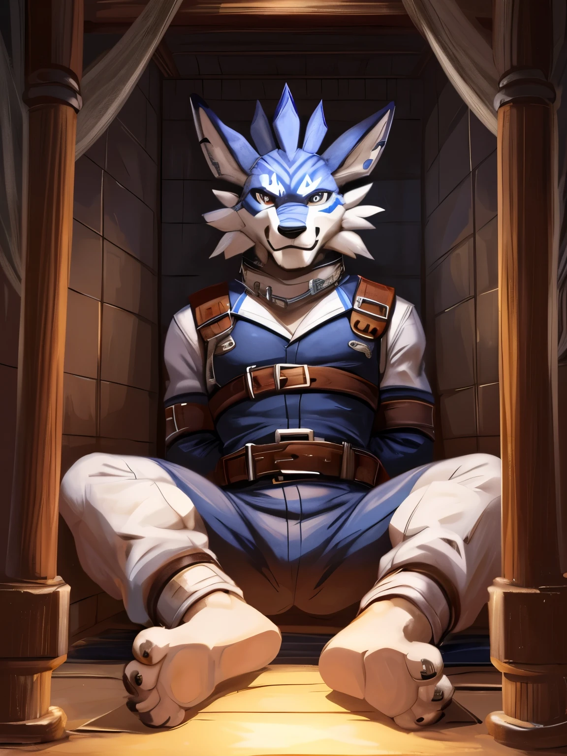 Barefoot hypnotised WereGarurumon, gag in the mouth, looking up, trapped in a black straitjacket, sitting imprisoned in a padded asylum cell, wearing long hospital pants, legs stretched out in front of him, visible detailed paws.