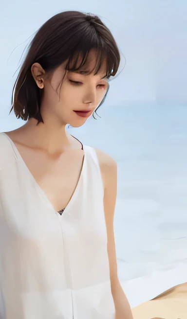 Woman in white top holding mobile phone and looking at it, neckline, Smooth tiny details, sleeveless tops, wearing white v - neck top, wearing white camisole, Exquisite and smooth details, Wearing a V-neck top, Clear and smooth lines, wearing a camisole, neck zoomed in, Low collar, image center, detailed image, Jia
