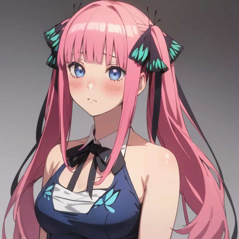 best quality, very aesthetic, Super detailed, best illustration, 1girl, one-piece swimsuit, bangs, pink_hair, blunt_bangs, hair_ornament, butterfly_hair_ornament, ribbon, black_ribbon, blue_eyes, blush, hair_ribbon, twintails, long_hair, nino