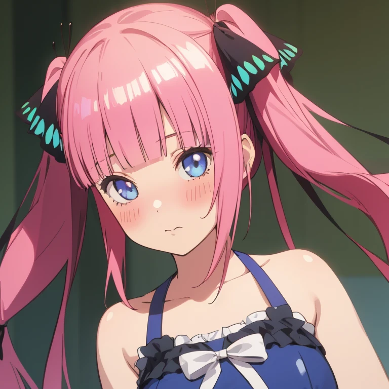 best quality, very aesthetic, Super detailed, best illustration, 1girl, one-piece swimsuit, bangs, pink_hair, blunt_bangs, hair_ornament, butterfly_hair_ornament, ribbon, black_ribbon, blue_eyes, blush, hair_ribbon, twintails, long_hair, nino