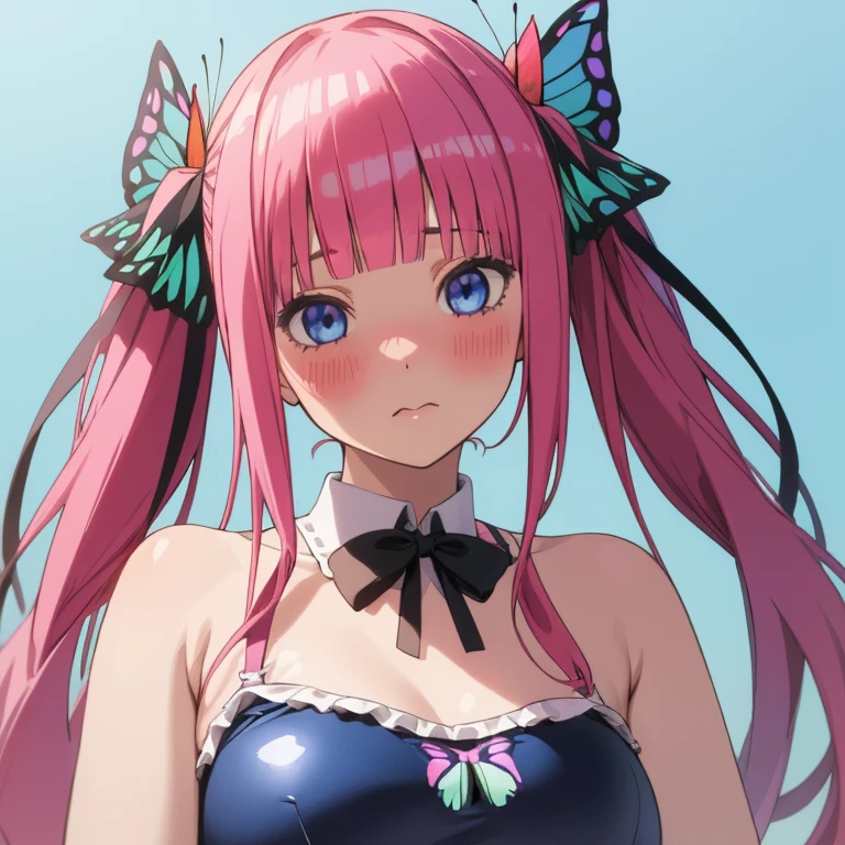 best quality, very aesthetic, Super detailed, best illustration, 1girl, one-piece swimsuit, bangs, pink_hair, blunt_bangs, hair_ornament, butterfly_hair_ornament, ribbon, black_ribbon, blue_eyes, blush, hair_ribbon, twintails, long_hair, nino