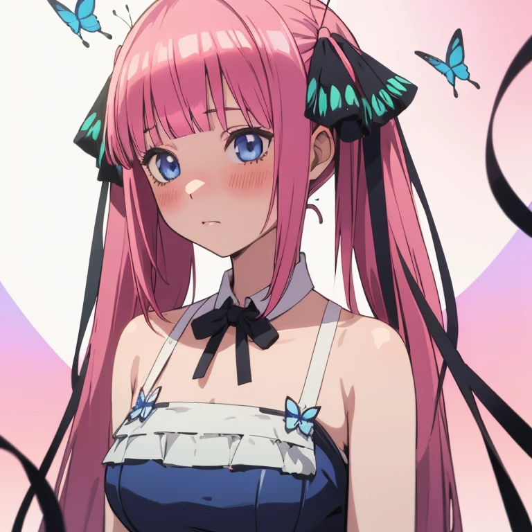 best quality, very aesthetic, Super detailed, best illustration, 1girl, one-piece swimsuit, bangs, pink_hair, blunt_bangs, hair_ornament, butterfly_hair_ornament, ribbon, black_ribbon, blue_eyes, blush, hair_ribbon, twintails, long_hair, nino