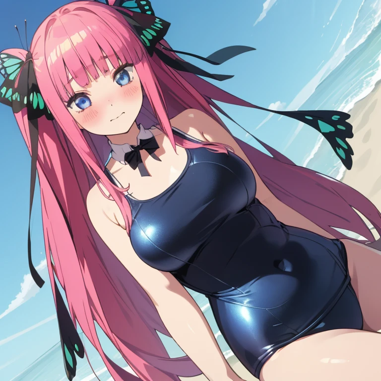 best quality, very aesthetic, Super detailed, best illustration, 1girl, one-piece swimsuit, bangs, pink_hair, blunt_bangs, hair_ornament, butterfly_hair_ornament, ribbon, black_ribbon, blue_eyes, blush, hair_ribbon, twintails, long_hair, nino