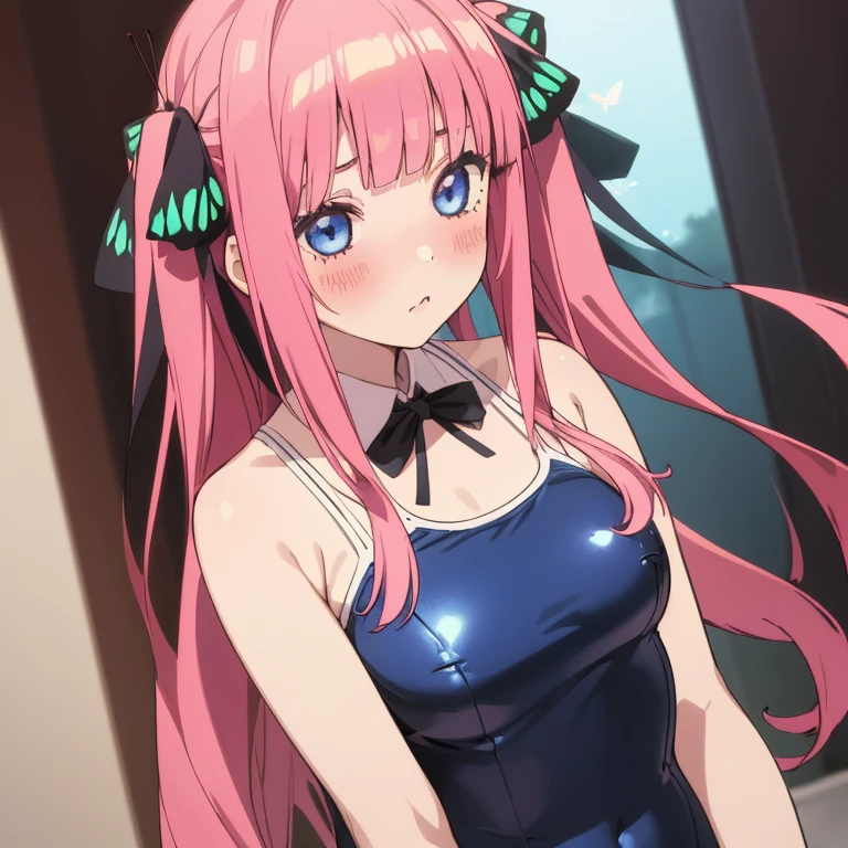 best quality, very aesthetic, Super detailed, best illustration, 1girl, one-piece swimsuit, bangs, pink_hair, blunt_bangs, hair_ornament, butterfly_hair_ornament, ribbon, black_ribbon, blue_eyes, blush, hair_ribbon, twintails, long_hair, nino