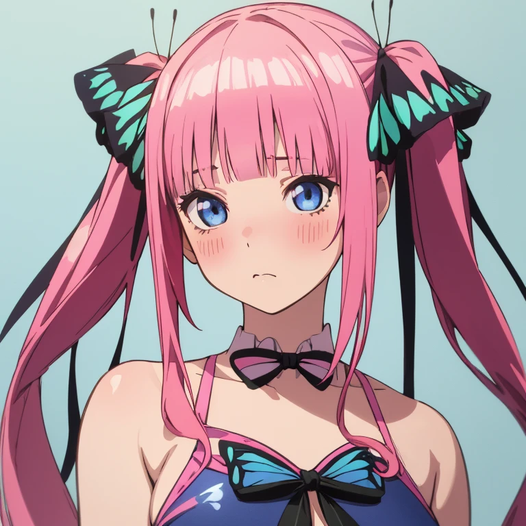 best quality, very aesthetic, Super detailed, best illustration, 1girl, one-piece swimsuit, bangs, pink_hair, blunt_bangs, hair_ornament, butterfly_hair_ornament, ribbon, black_ribbon, blue_eyes, blush, hair_ribbon, twintails, long_hair, nino