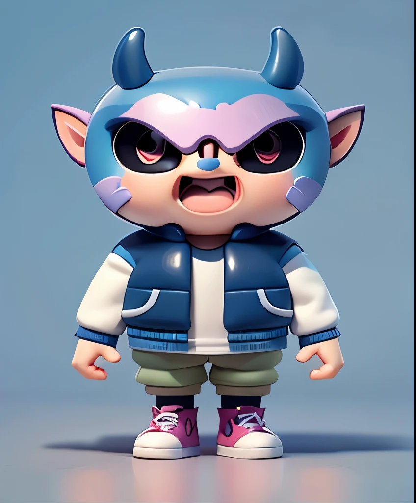Cartoon boy without mask 3D rendering c4d modeling clay material blind box figure style Morandi color matching soft colors delicate lines cute character with devil horns on his head black short hair boy wearing blue jacket gray pants pink shoes cartoon boy