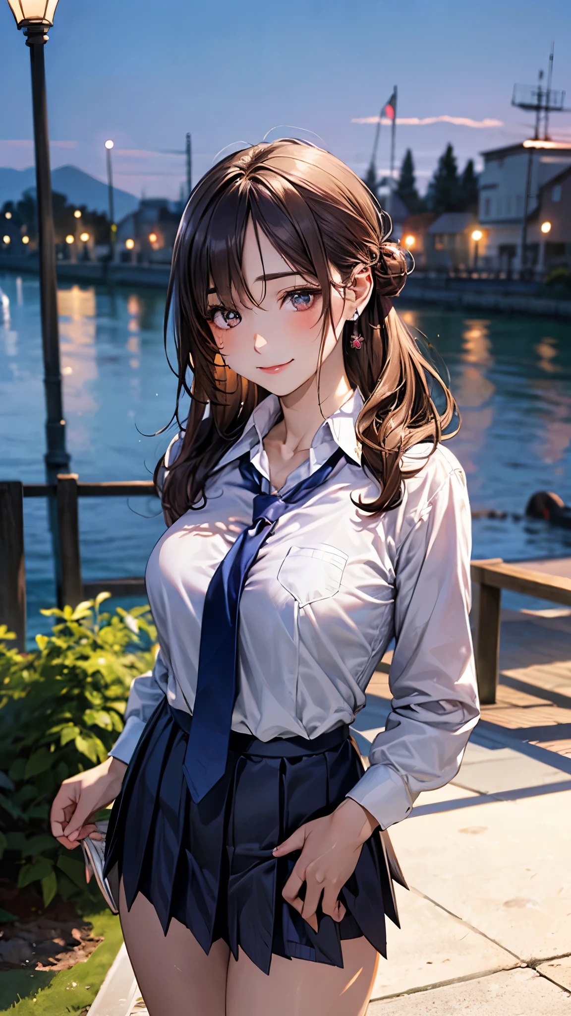 (masterpiece:1.2, top-quality), (realistic, photorealistic:1.4), beautiful illustration, (natural side lighting, movie lighting),
looking at viewer, cowboy shot, front view:0.6, 1 girl, japanese, high school girl, perfect face, cute and symmetrical face, shiny skin,
(long hair:1.4, half updo:1.5, sidelocks, single hair bun, dark brown hair), hair between eye, dark brown eyes, long eye lasher, (large breasts:0.6, seductive thighs),
beautiful hair, beautiful face, beautiful detailed eyes, beautiful clavicle, beautiful body, beautiful chest, beautiful thigh, beautiful legs, beautiful fingers,
((long sleeve white collared shirts, navy pleated miniskirt, blue tie)), pink panties,
(beautiful scenery), evening, riverside, walking, (lovely smile, upper eyes),