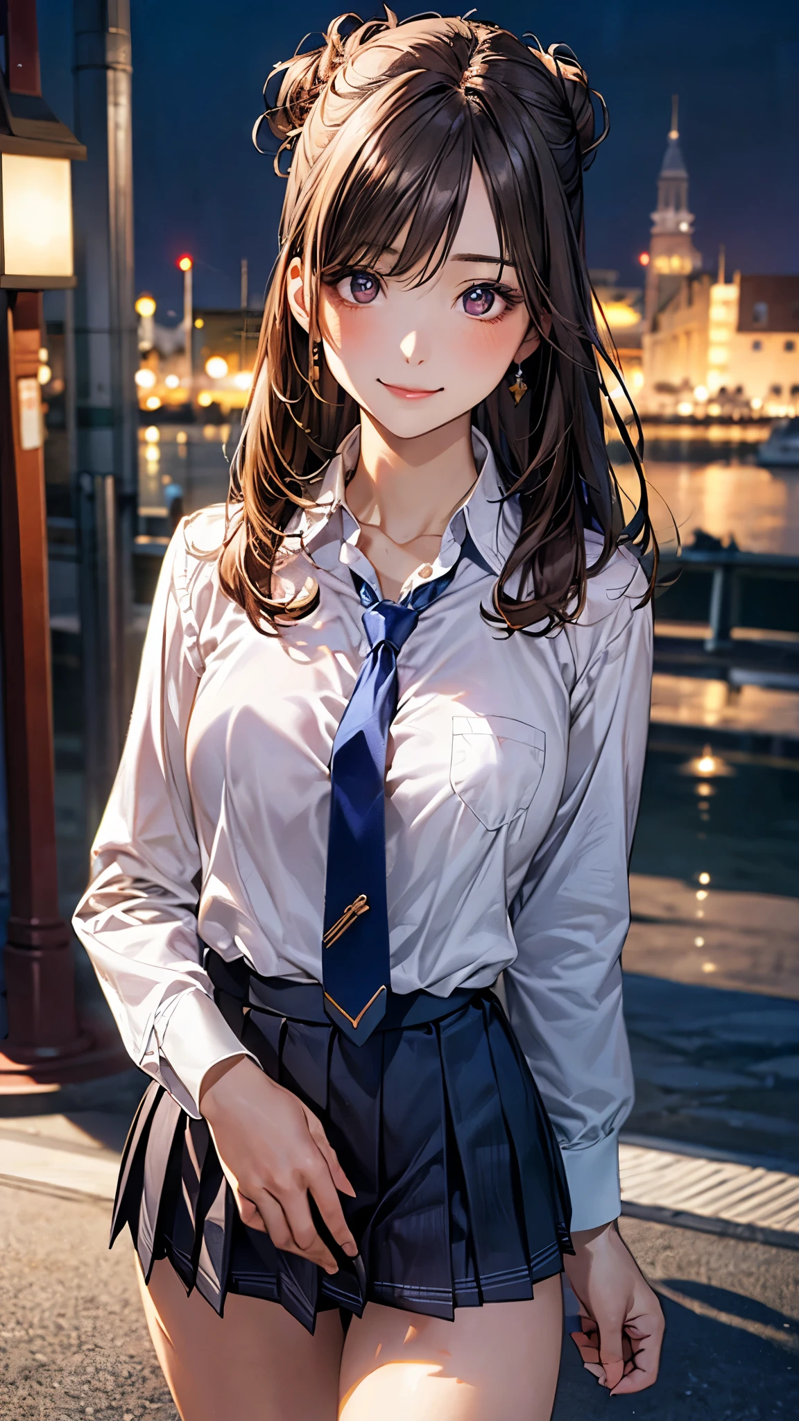 (masterpiece:1.2, top-quality), (realistic, photorealistic:1.4), beautiful illustration, (natural side lighting, movie lighting),
looking at viewer, cowboy shot, front view:0.6, 1 girl, japanese, high school girl, perfect face, cute and symmetrical face, shiny skin,
(long hair:1.4, half updo:1.5, sidelocks, single hair bun, dark brown hair), hair between eye, dark brown eyes, long eye lasher, (large breasts:0.6, seductive thighs),
beautiful hair, beautiful face, beautiful detailed eyes, beautiful clavicle, beautiful body, beautiful chest, beautiful thigh, beautiful legs, beautiful fingers,
((long sleeve white collared shirts, navy pleated miniskirt, blue tie)), pink panties,
(beautiful scenery), evening, riverside, walking, (lovely smile, upper eyes),