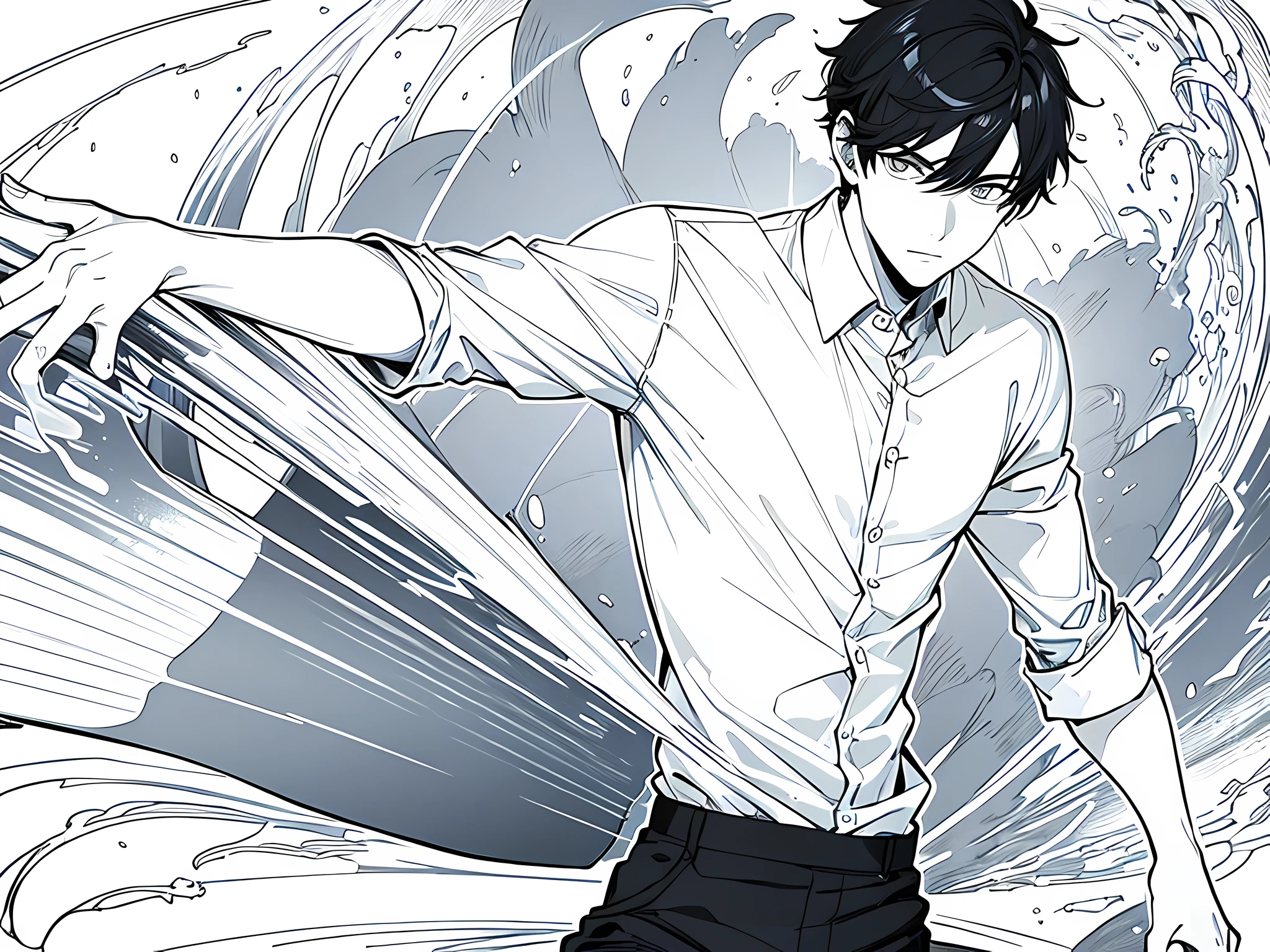 ****ung man, wearing white shirt and black long pants, short hair, black hair, scared face, face to detail, detailed eyes, lightning coming out from his right hand, monochrome (clear line, lineart), full-body illustration