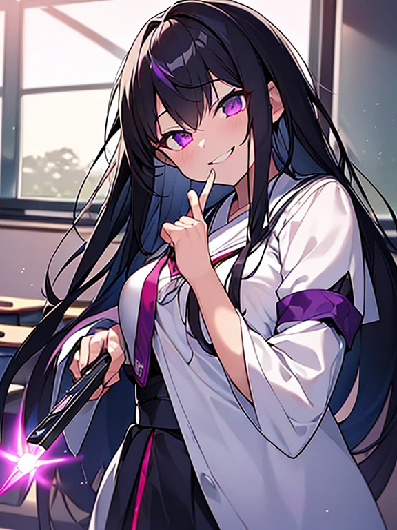 ((8k sharp, looking at viewer, wicked smiles, Yandere expression, holding a taser)), A girl, black long haired, Purple Eyes, wearing White Japanese, ((holding a taser left hand)), Background,(classroom:1.5), Afternoon,Moon ray,backlighting,masterpiece,best quality,exquisite,8k,absurdres,super fine illustration,(looking at viewer)