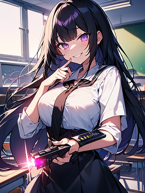 ((8k sharp, looking at viewer, wicked smiles, Yandere expression, holding a taser)), A girl, black long haired, Purple Eyes, wearing White Japanese, ((holding a taser left hand)), Background,(classroom:1.5), Afternoon,Moon ray,backlighting,masterpiece,best quality,exquisite,8k,absurdres,super fine illustration,(looking at viewer)