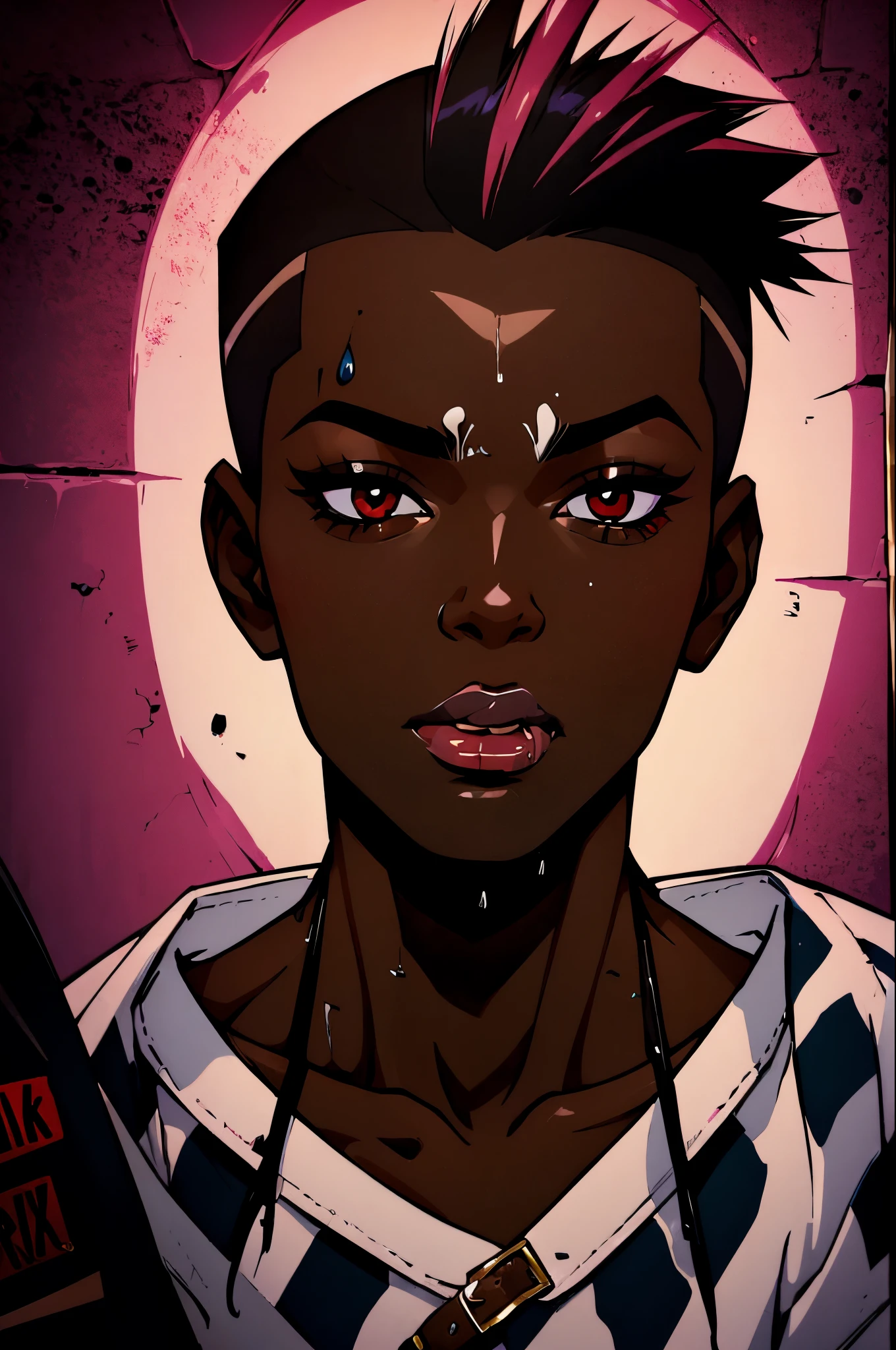 ((Vulgarity)),portrait, most beautiful woman alivel, ahegao,(someone addicted to sex, Prisoner),dark brown skin,Mohawk haircut,gonzo pornography