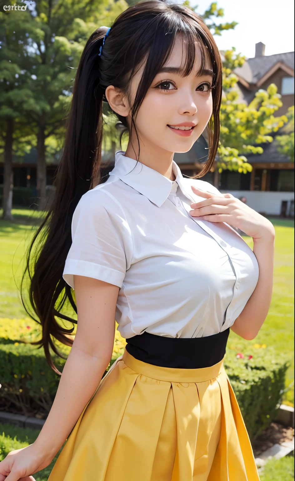 1girl, cute, smiling, sun skirt, lights, upper body,close-up, 8k, RAW photo, best quality, masterpiece,realistic, photo-realistic, parted bangs, long hair, two pigtails