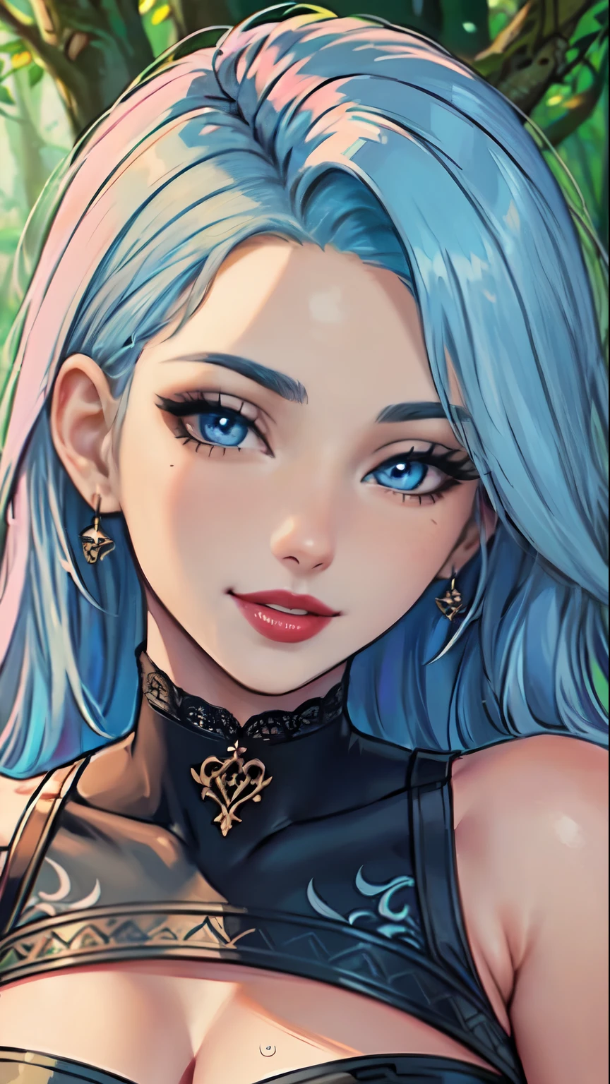 Masterpiece, raw, beautiful art, professional artist, 8k, art style by sciamano240, very detailed face, very detailed hair, 1 woman, perfectly drawn body, beautiful face, long hair, light blue hair , very detailed blue eyes , rosey cheeks, intricate details in eyes, playful smile, looking directly at viewer , in love with viewer expression, black chocker, lipstick, very close up on face, forest setting, leather top,