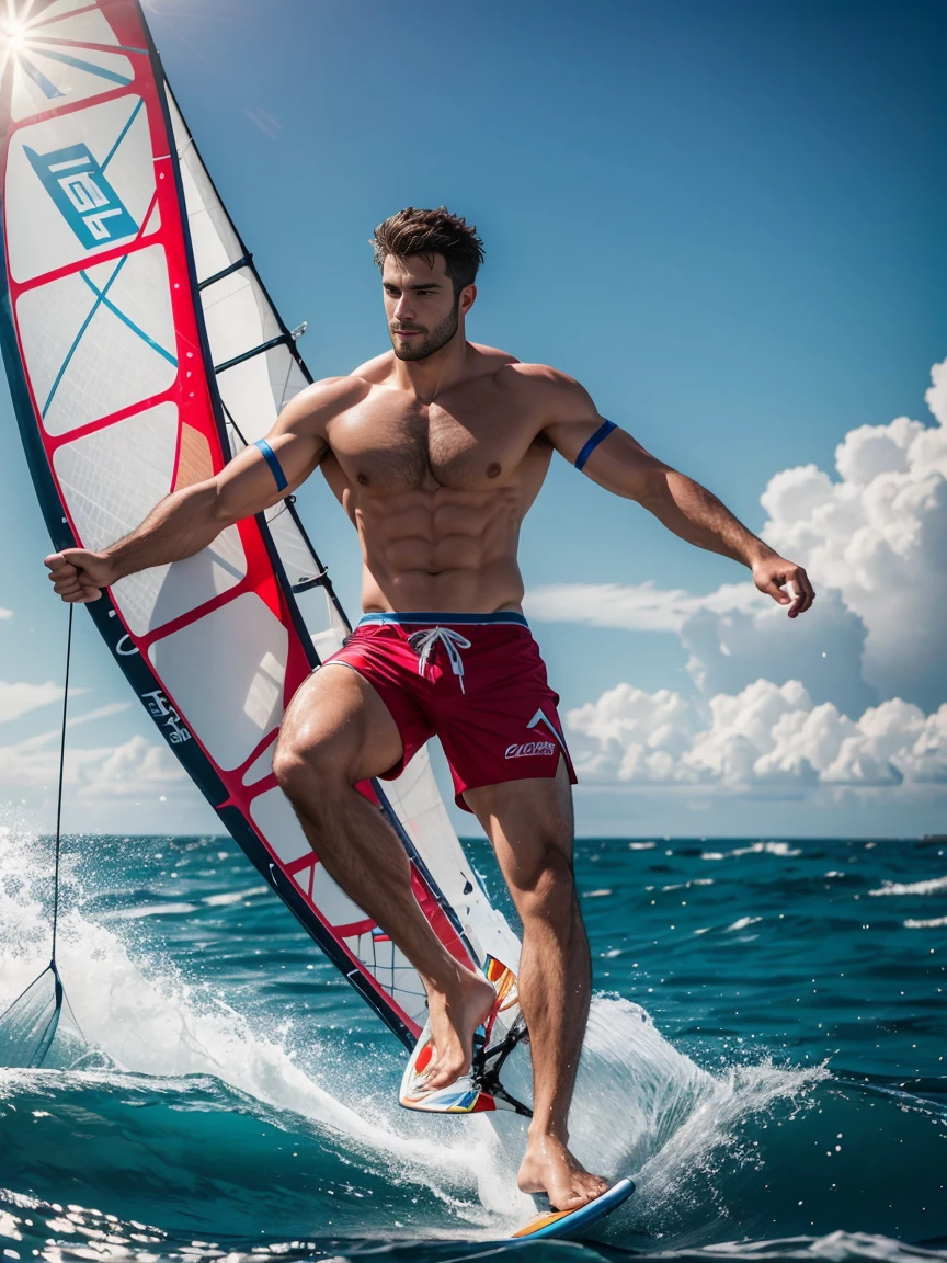 8k，8K resolution，1 muscular European, handsome man，charming eyes，rough real skin,beautiful, smooth and shiny，Full muscles，Thick body hair， (Wearing fashionable swimming trunks)，big bag，emphasize，(Single windsurfing on the sea)，Standing on the windsurfing board, swinging the white sail and moving forward quickly，Standing on the windsurfing board and moving forward quickly，Beautiful and professional pose，professional lighting，Professional photography，Realistic photos，realistic model，realistic art